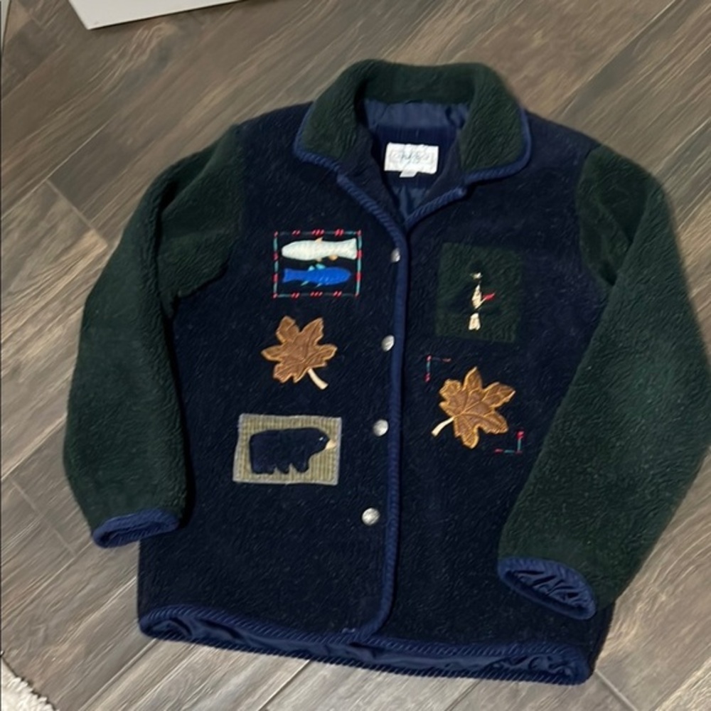 Vintage Cambridge Fleece Jacket with Embroidered  Patches Sz L